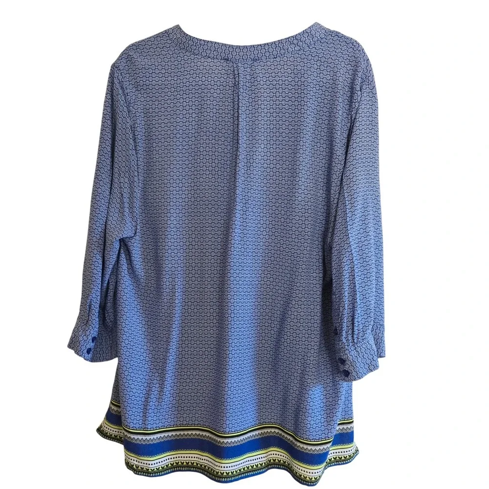 Cynthia Rowley Woman Blue Geometric V-Neck Tunic Blouse 1X Rayon 3/4 Sleeve - Picture 8 of 8